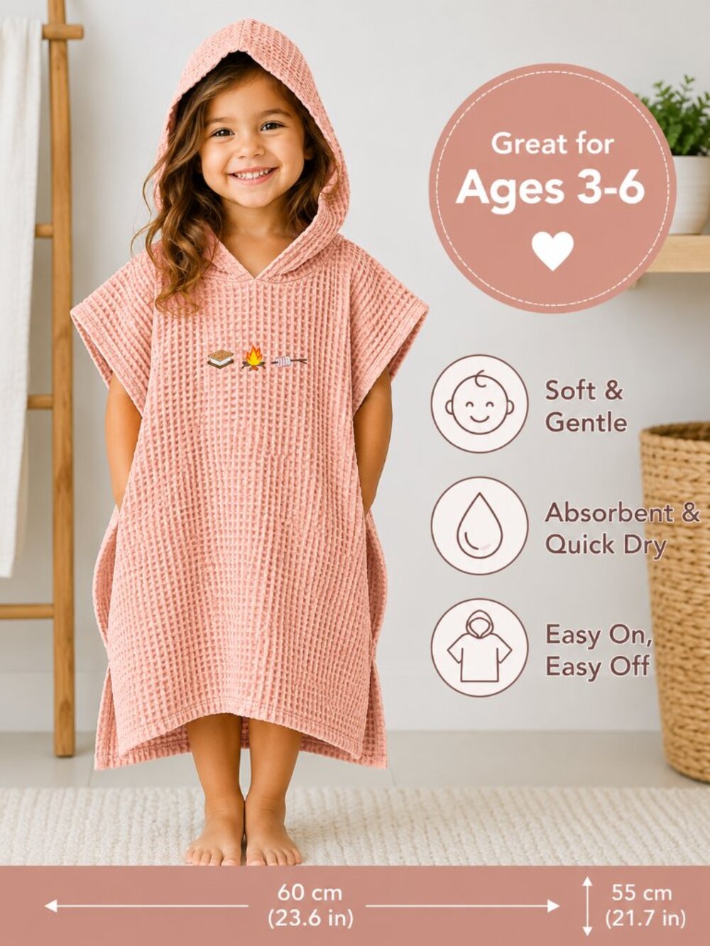 Kids Hooded Towel Poncho | Camping Embroidered Design | Soft Cotton Beach & Pool